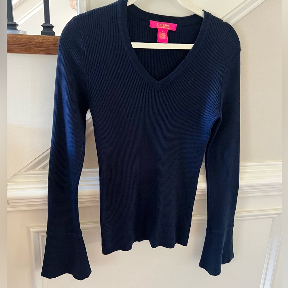 Catherine Malandrino Women's Navy V-Neck, Flare Sleeve Sweater